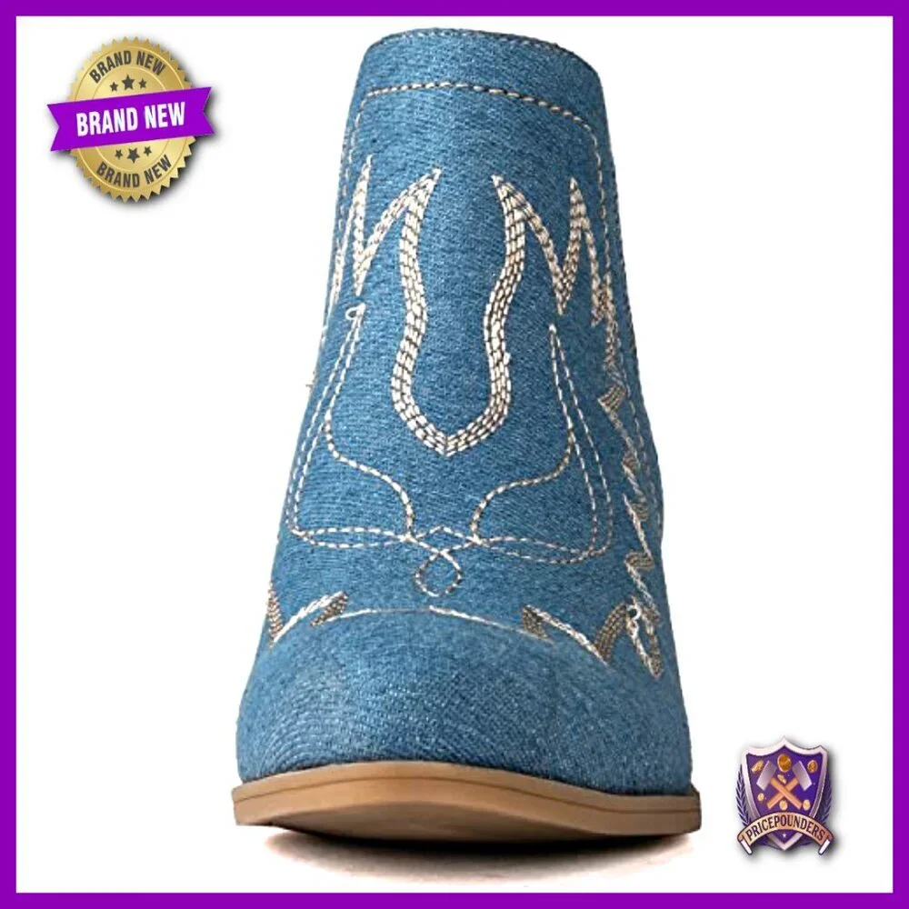 Western Cowgirl Ankle Boots Pull On Vegan Leather Low Heel Comfortable Chic